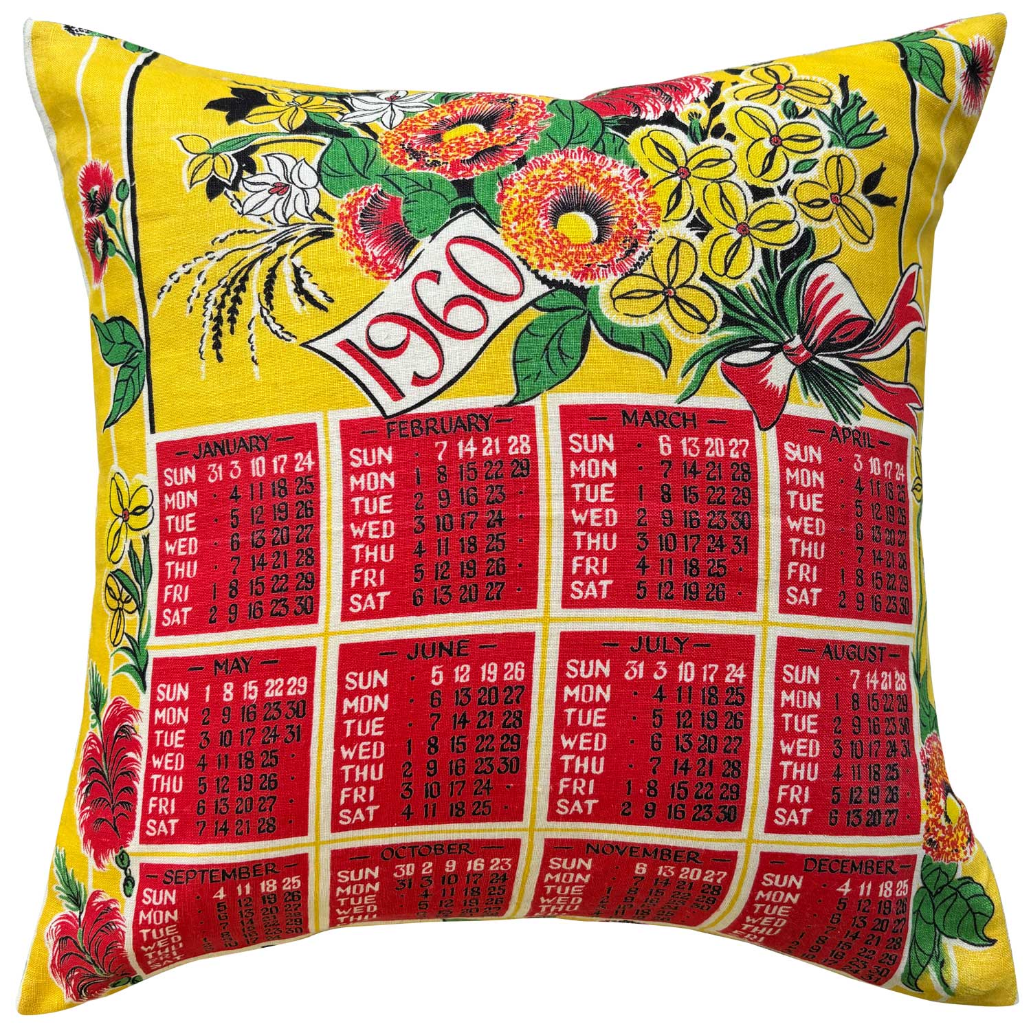 1960 calendar teatowel cushion cover on white background