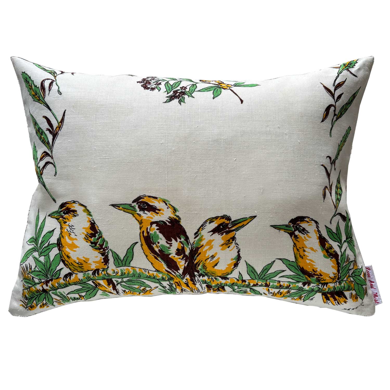 Kookaburras on vintage teatowel cushion cover. on white background.