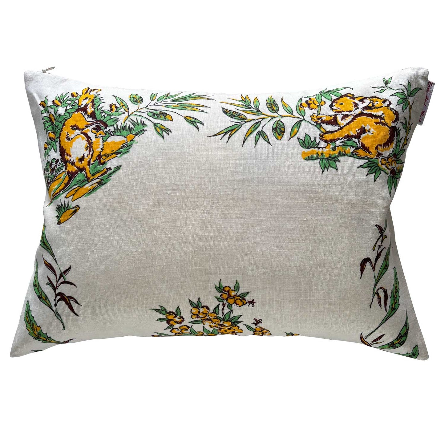 Kangaroos and Koalas on vintage teatowel cushion cover. on white background.