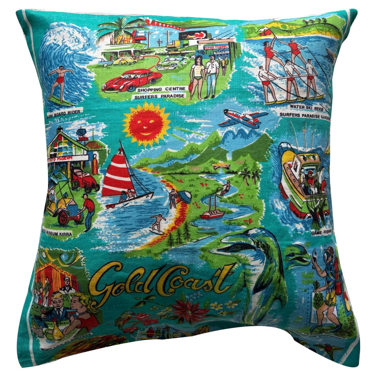Gold Coast vintage linen souvenir teatowel cushion cover on white background