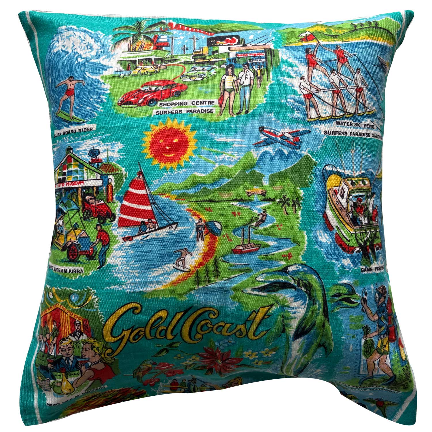 Gold Coast vintage linen souvenir teatowel cushion cover on white background