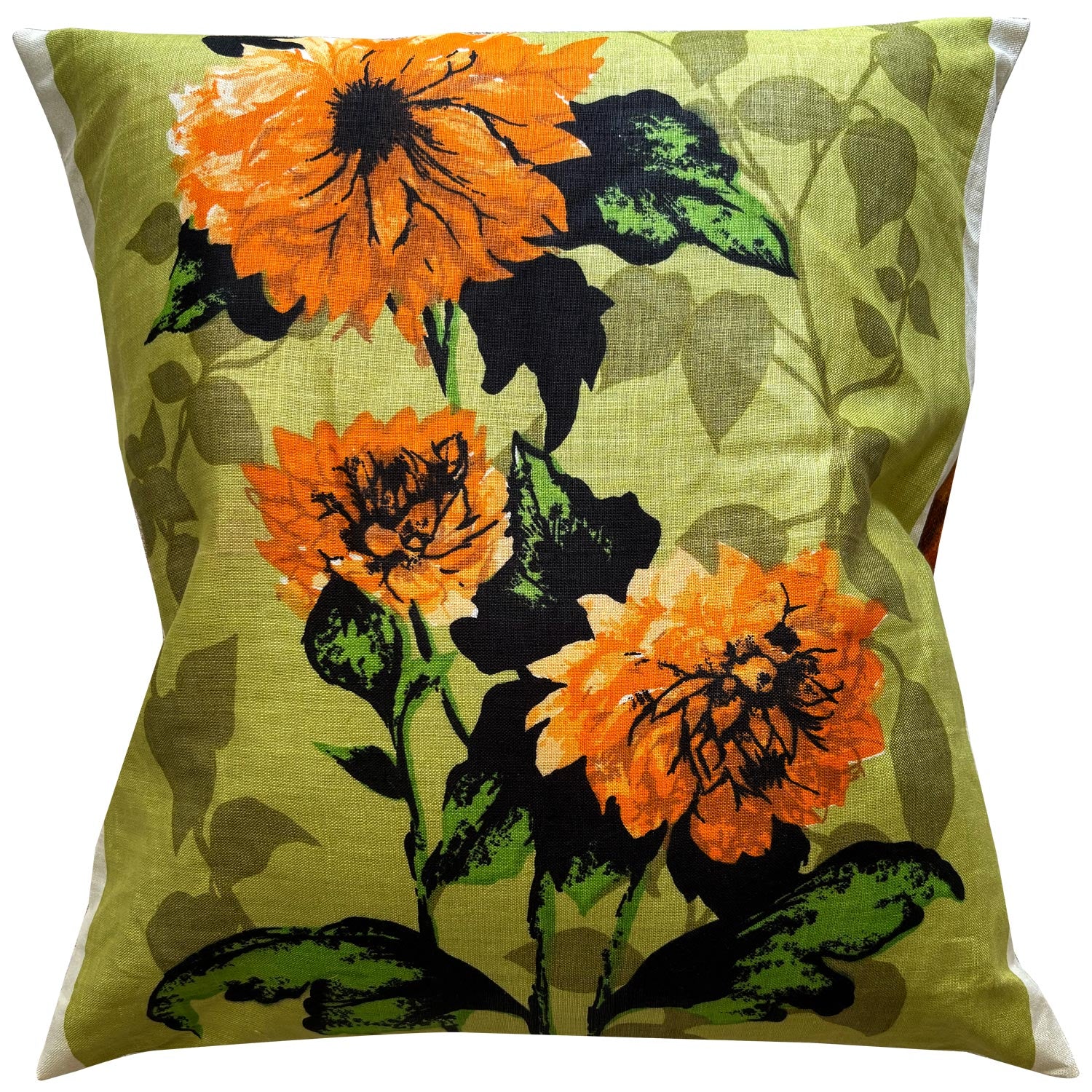 Orange floral vintage linen teatowel cushion cover on white background