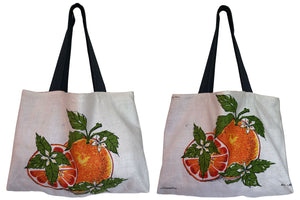 Orange slices on teatowel repurposed into a tote bag