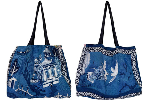 Willow pattern teatowel tote