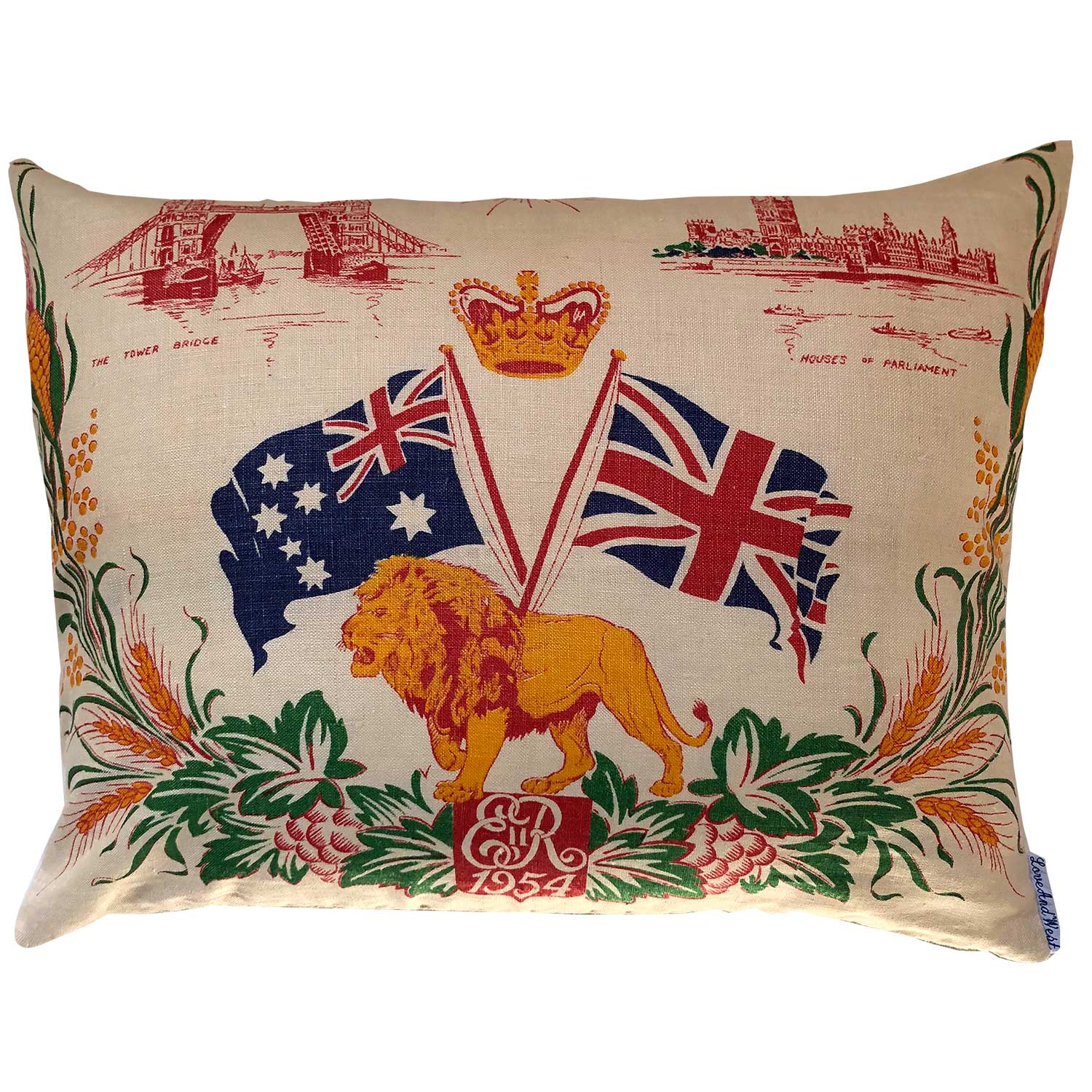 1954 royal tour vintage linen teatowel cushion cover