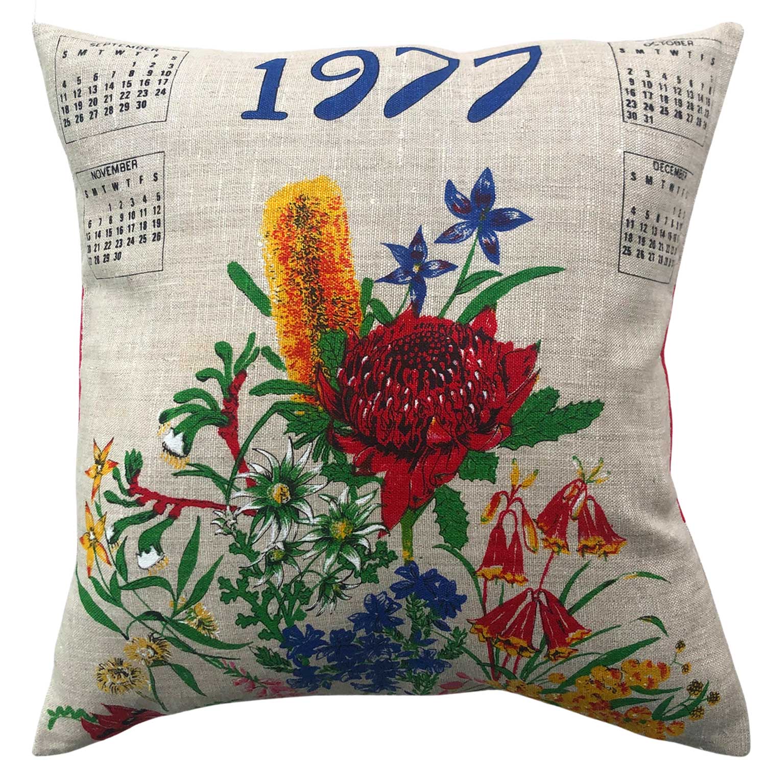 1977 calendar teatowel cushion cover
