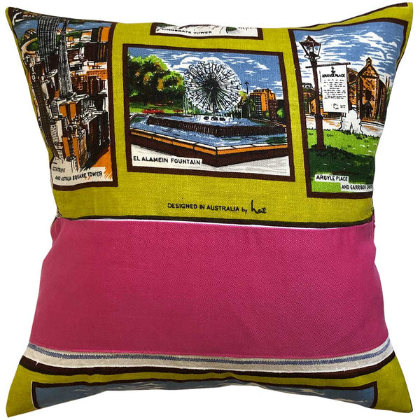 Sydney landmarks vintage linen teatowel cushion cover on khaki linen