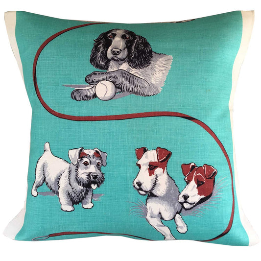 Dogs on Tiffany Blue vintage linen teatowel cushion cover on white background