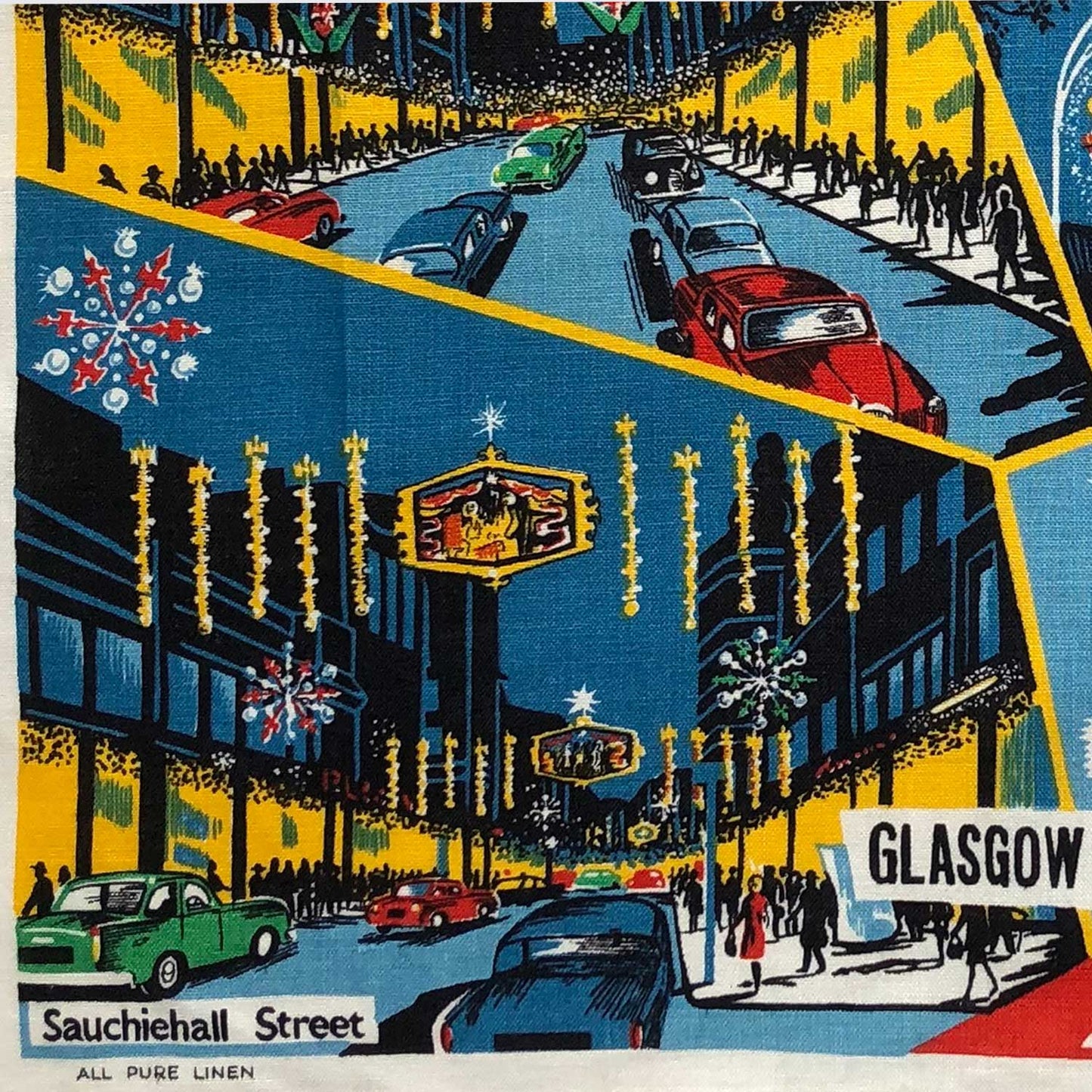 Glasgow Christmas lights vintage linen teatowel