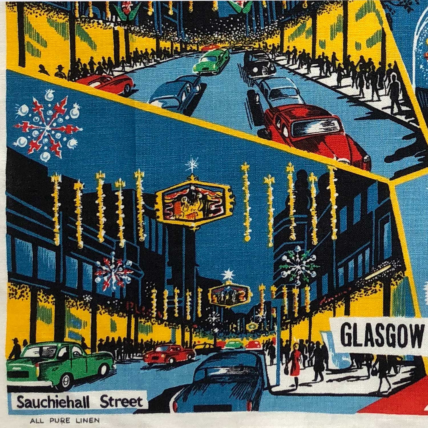 Glasgow Christmas lights vintage linen teatowel