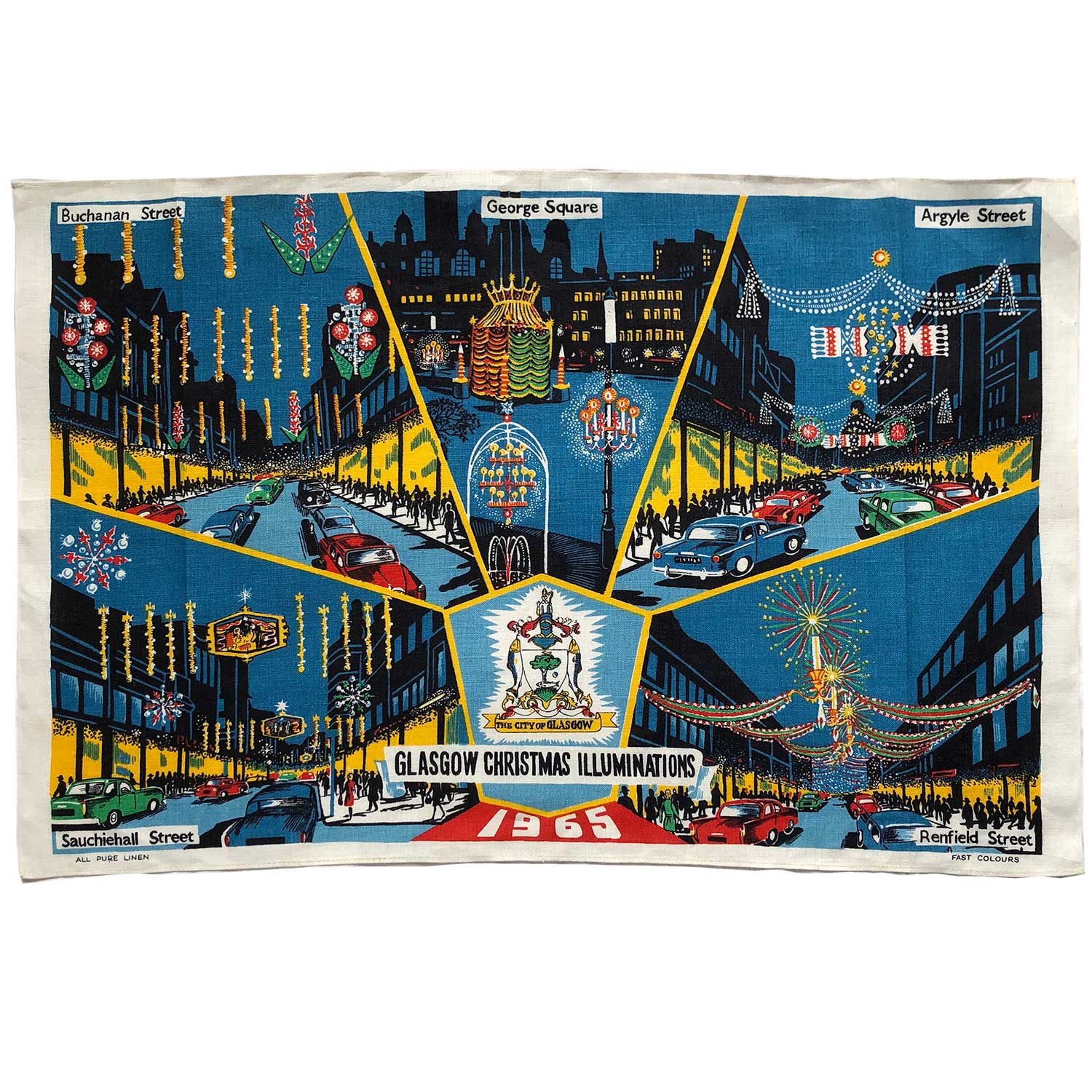Glasgow Christmas lights vintage linen teatowel