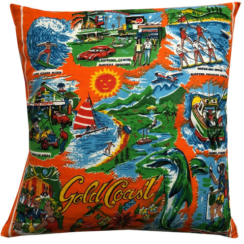 Gold coast gold souvenir teatowel vintage linen cushion cover on white background