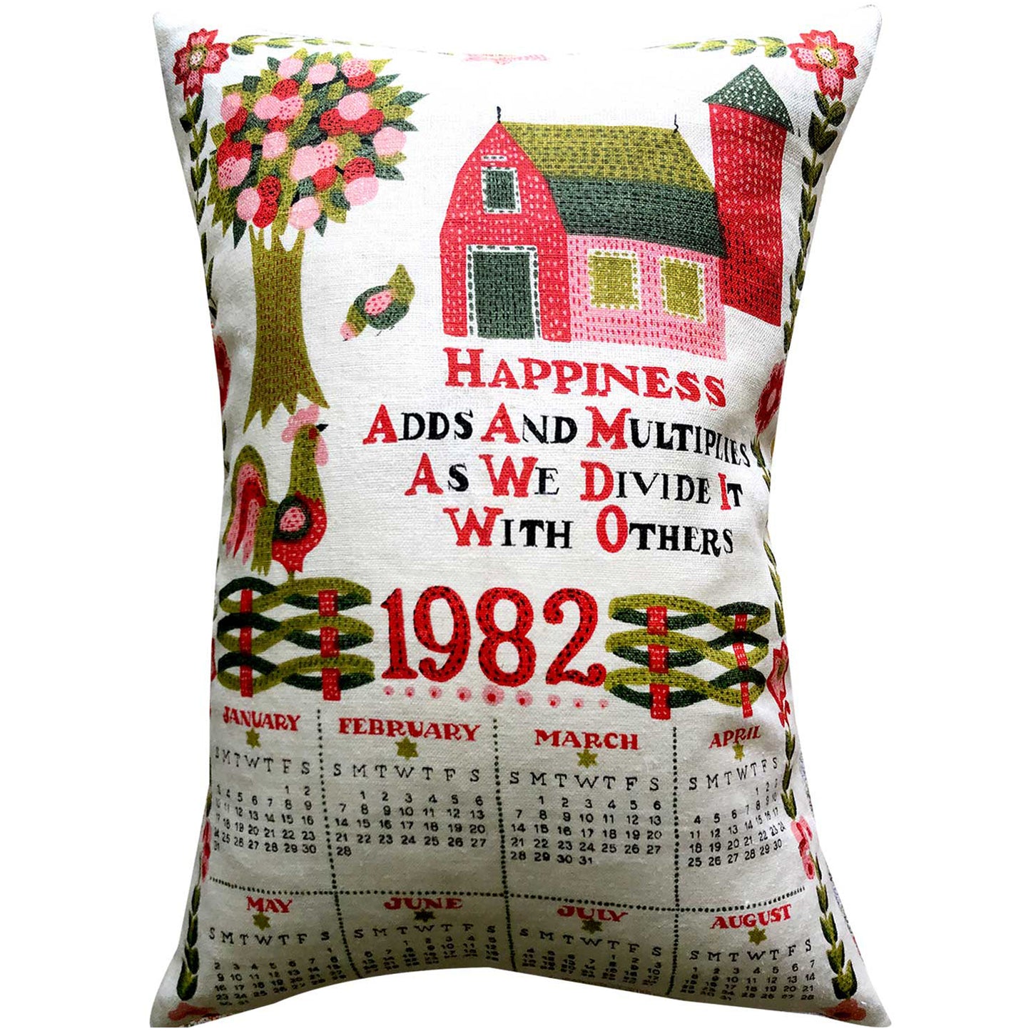 1982 calendar teatowel cushion cover photo of cushion on white background