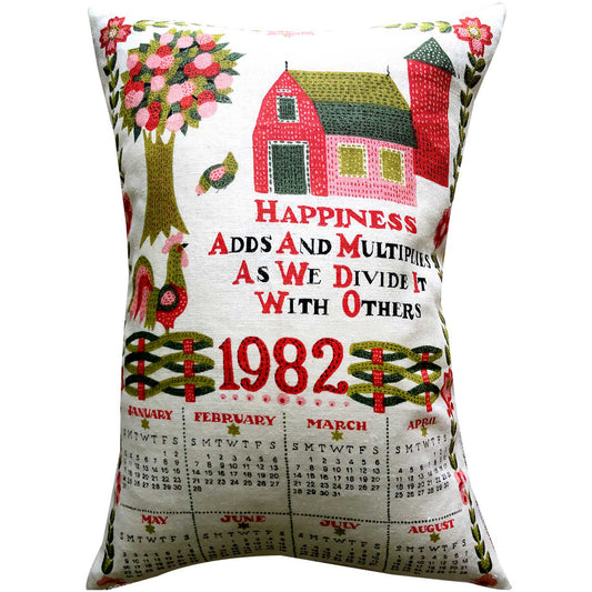 1982 calendar teatowel cushion cover photo of cushion on white background