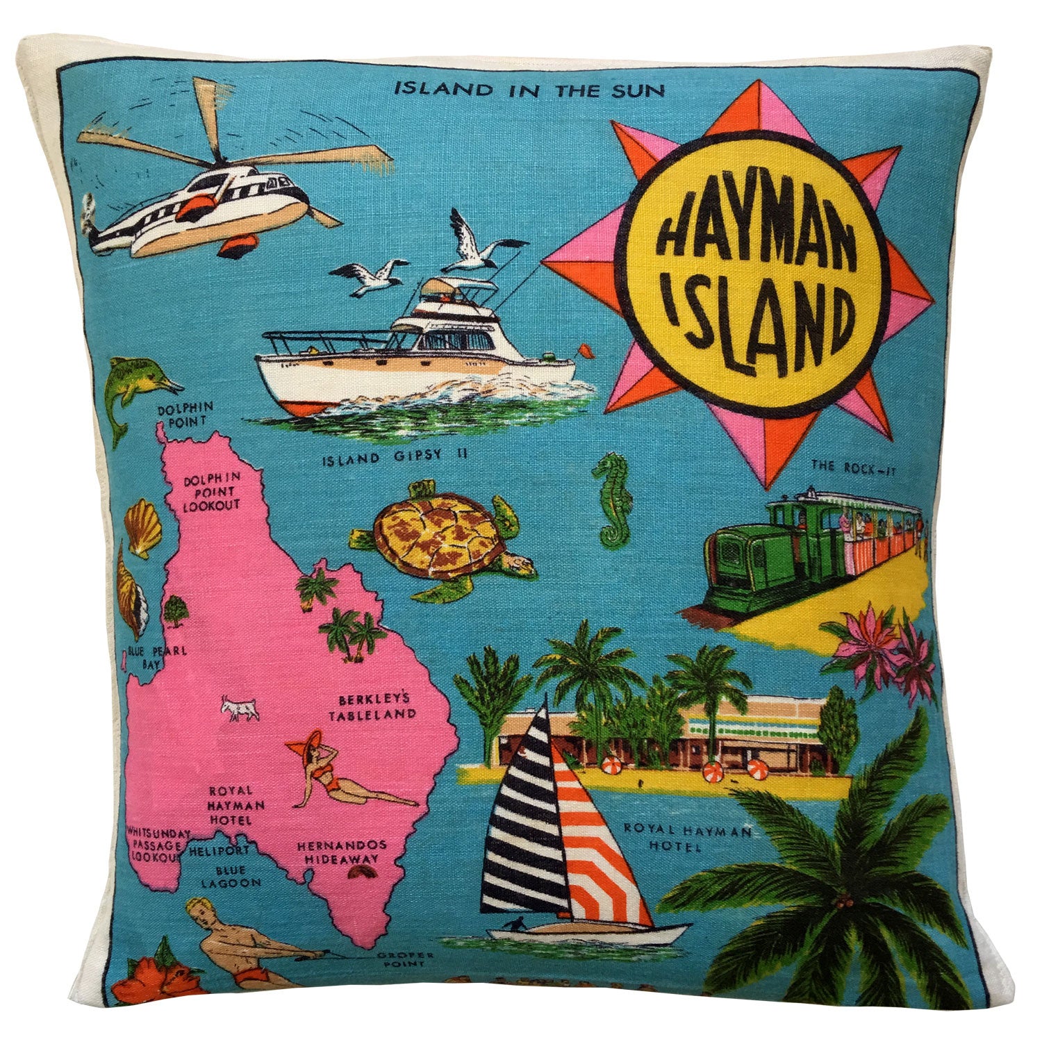 Hayman Island vintage linen souvenir teatowel cushion cover on white background for LOve And West