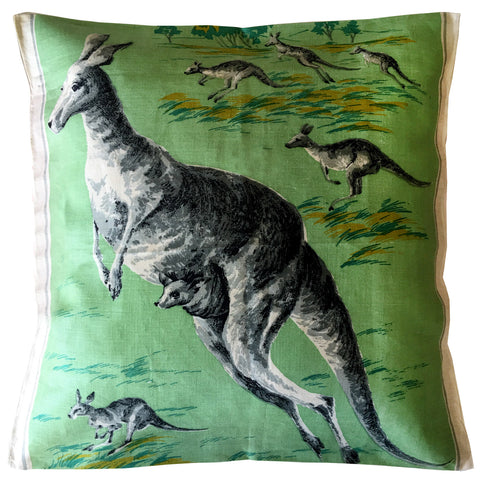 Kangaroos bound across vintage linen teatowel pillow cover