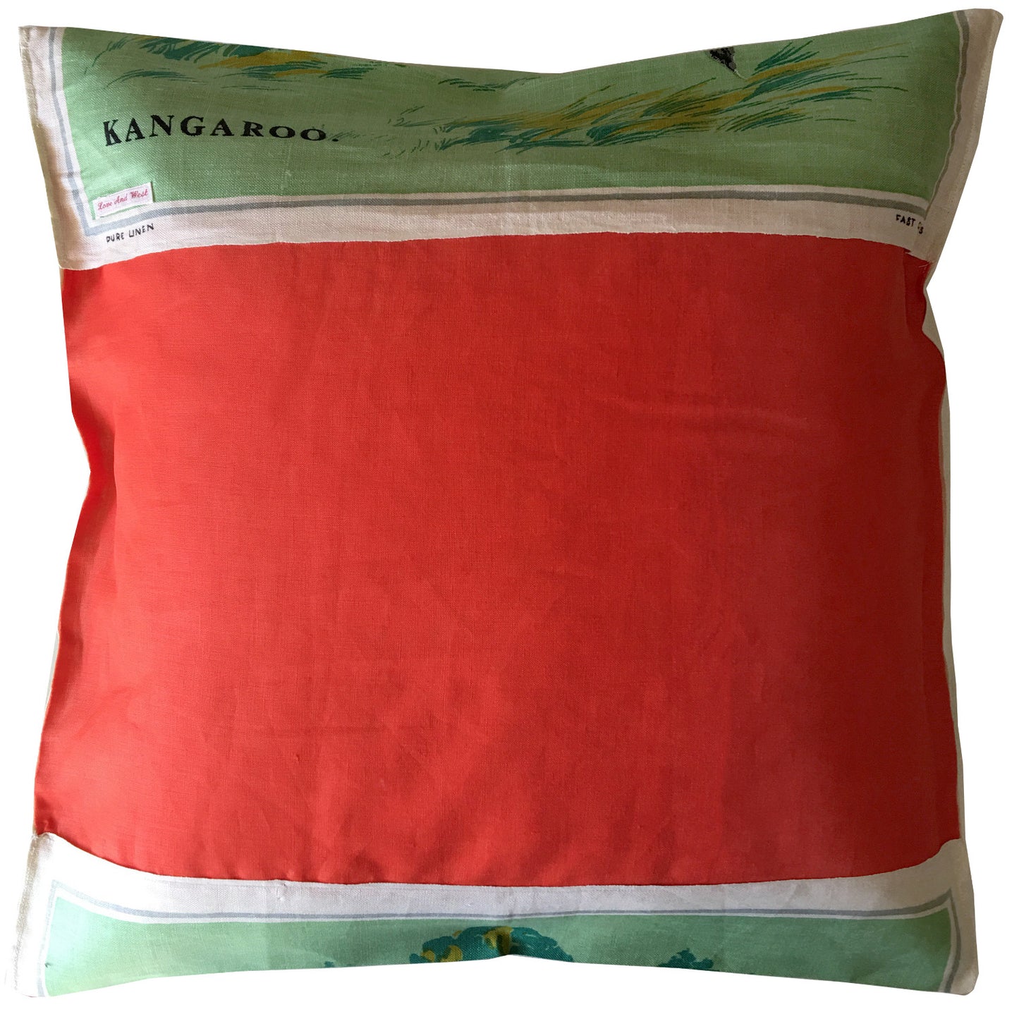 Kangaroos bound across vintage linen teatowel pillow cover