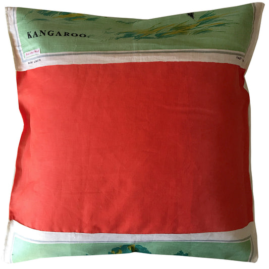 Kangaroos bound across vintage linen teatowel pillow cover