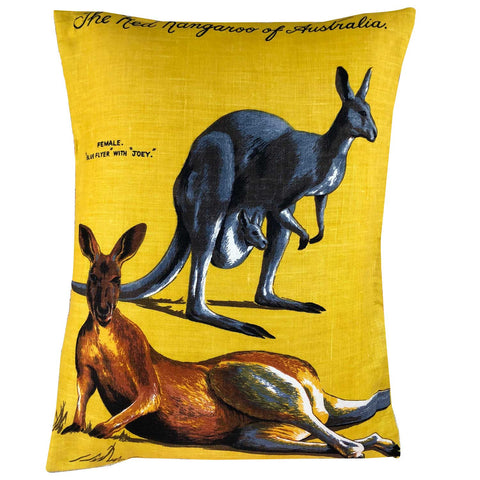 Kangaroos on vintage linen souvenir teatowel cushion cover