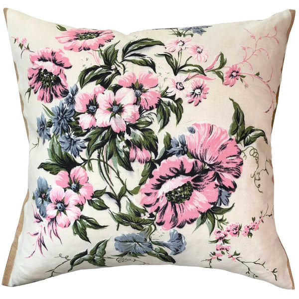 Pink and blue floral vintage linen teatowel cushion cover