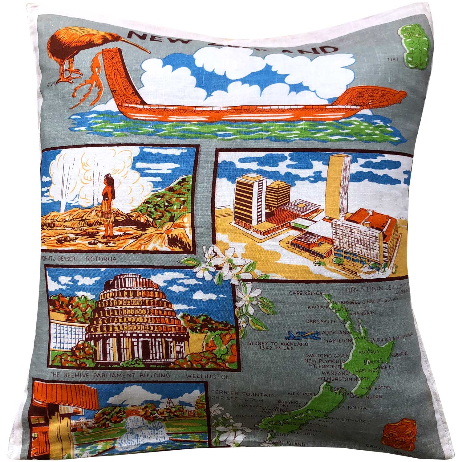 postcards from new zealand vintage linen teatowel cushion cover
