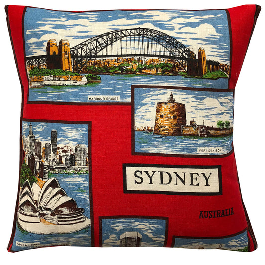 Sydney landmarks vintage linen teatowel cushion cover in red