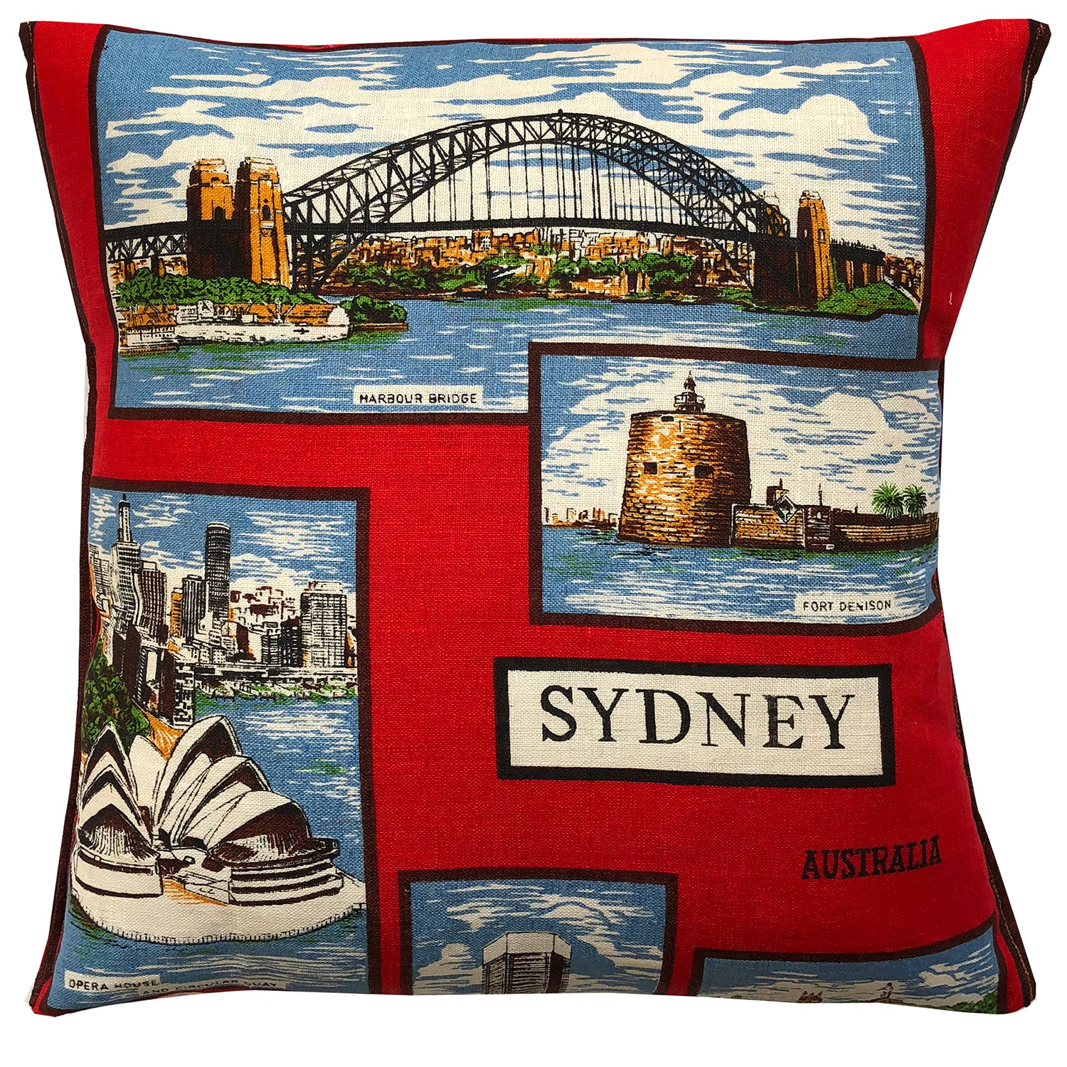 Sydney landmarks vintage linen teatowel cushion cover in red