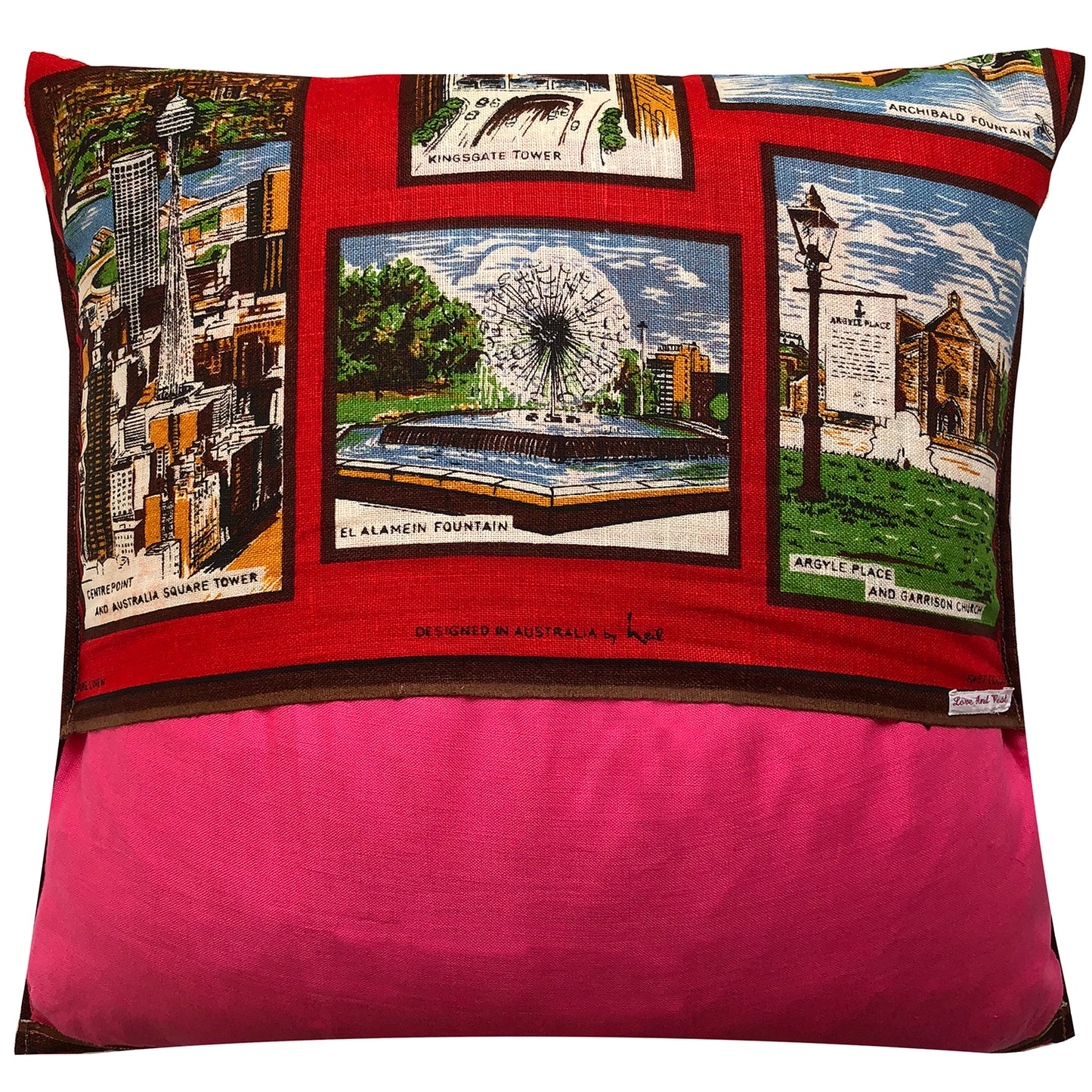 Sydney landmarks vintage linen teatowel cushion cover in red