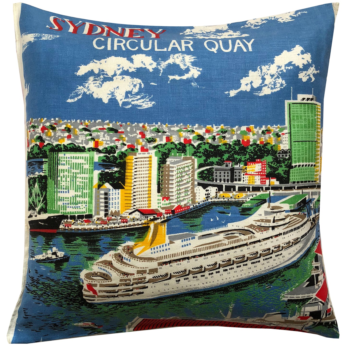 SS Canberra Vintage linen teatowel cushion cover on white background