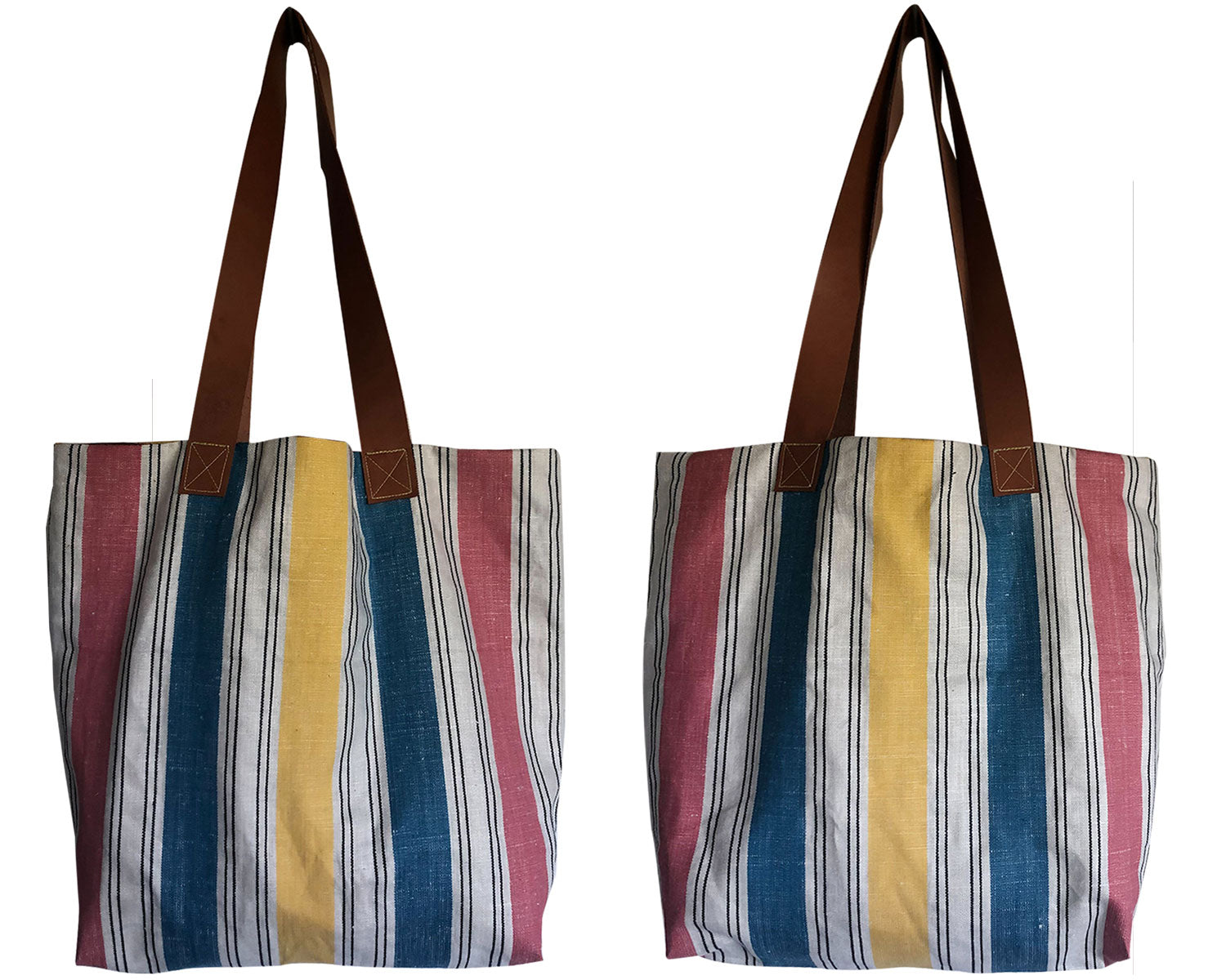 Striped vintage linen teatowel tote with leather handles