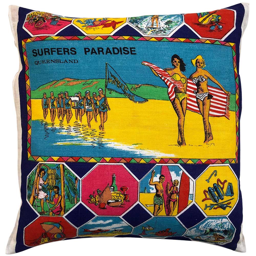 Surfers march past on rich purple linen souvenir teatowel cushion cover