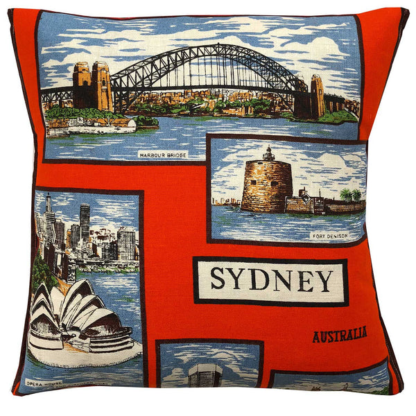 Sydney landmarks vintage linen teatowel cushion cover in orange