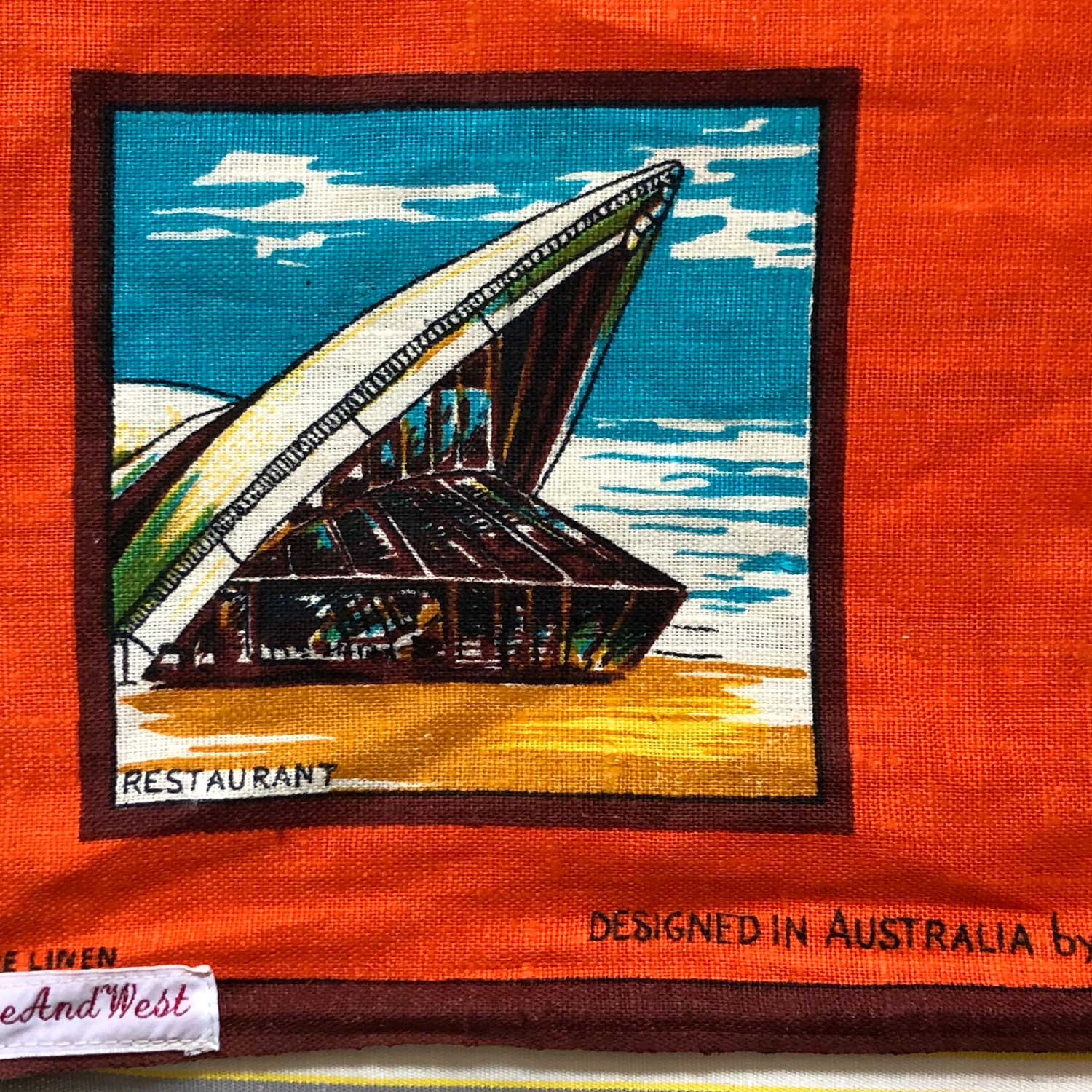 Sydney Opera house vintage linen teatowel cushion cover on white background for Love And West
