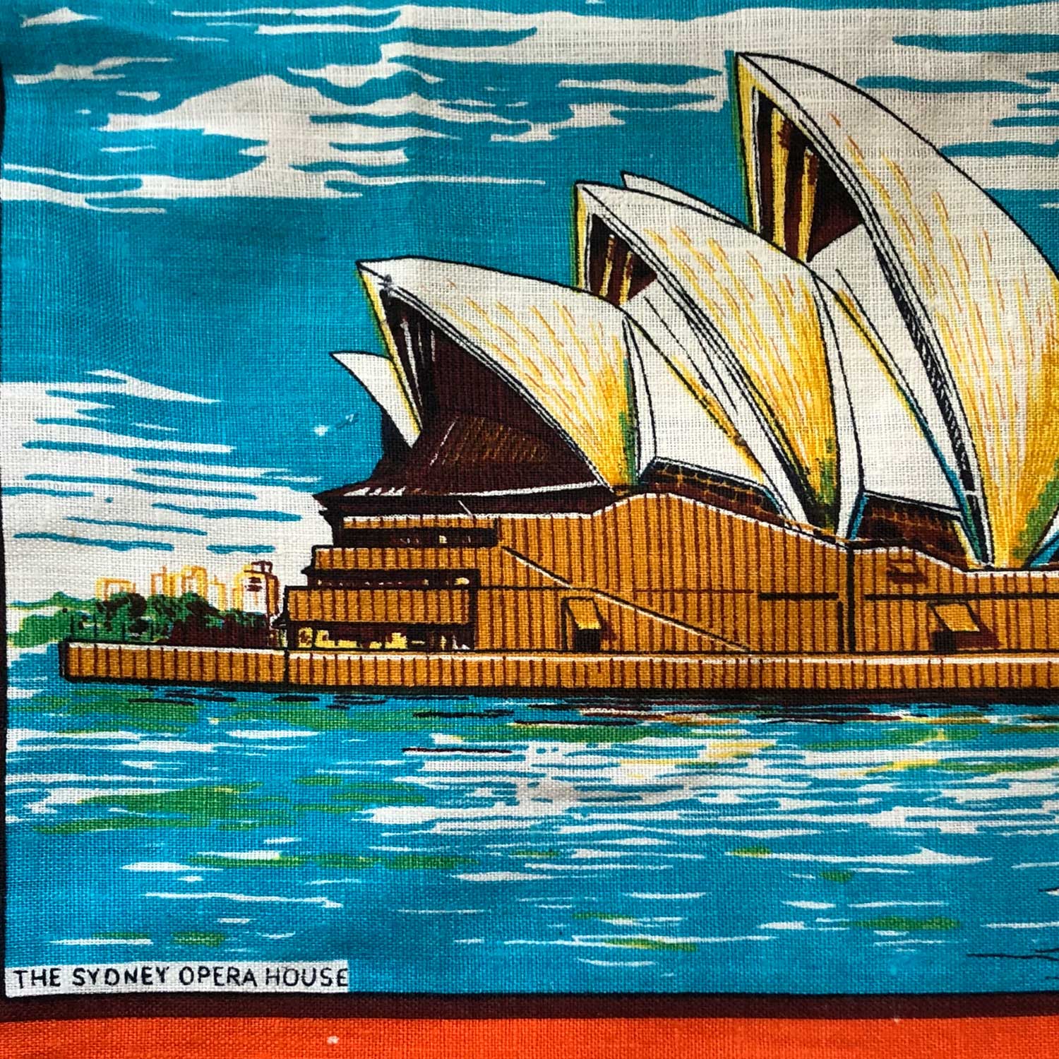 Sydney Opera house vintage linen teatowel cushion cover on white background for Love And West