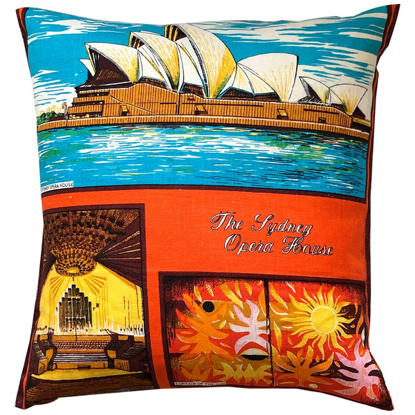 Sydney Opera house vintage linen teatowel cushion cover on white background for Love And West