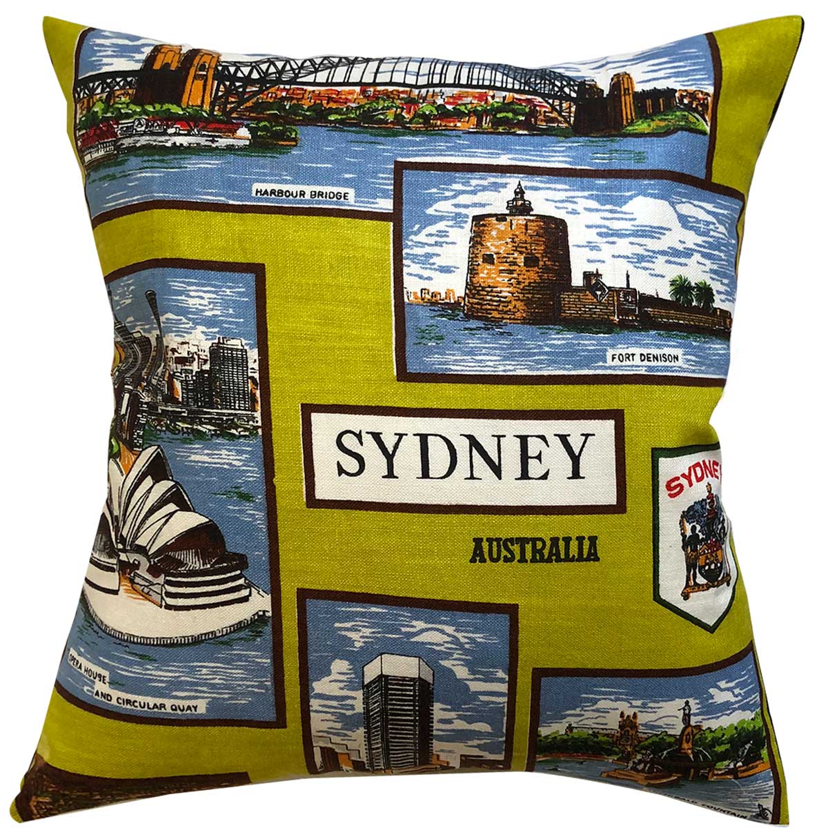 Sydney landmarks vintage linen teatowel cushion cover on khaki linen