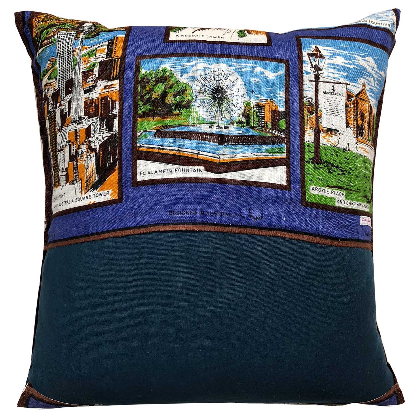 Sydney landmarks vintage linen teatowel cushion cover in navy blue