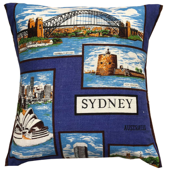 Sydney landmarks vintage linen teatowel cushion cover in navy blue