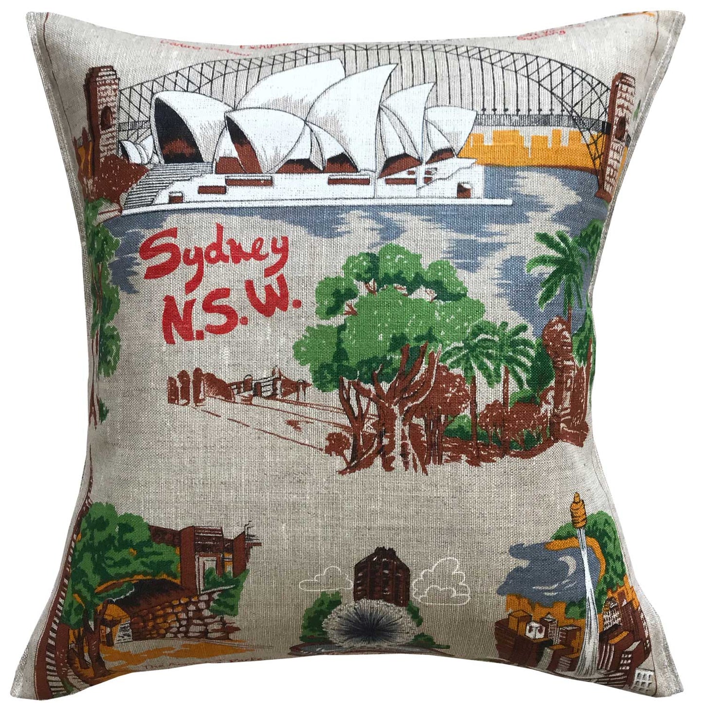 Sydney souvenir linen cushion cover with sydney scenes illustration, on white background