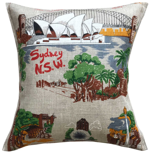 Sydney souvenir linen cushion cover with sydney scenes illustration, on white background