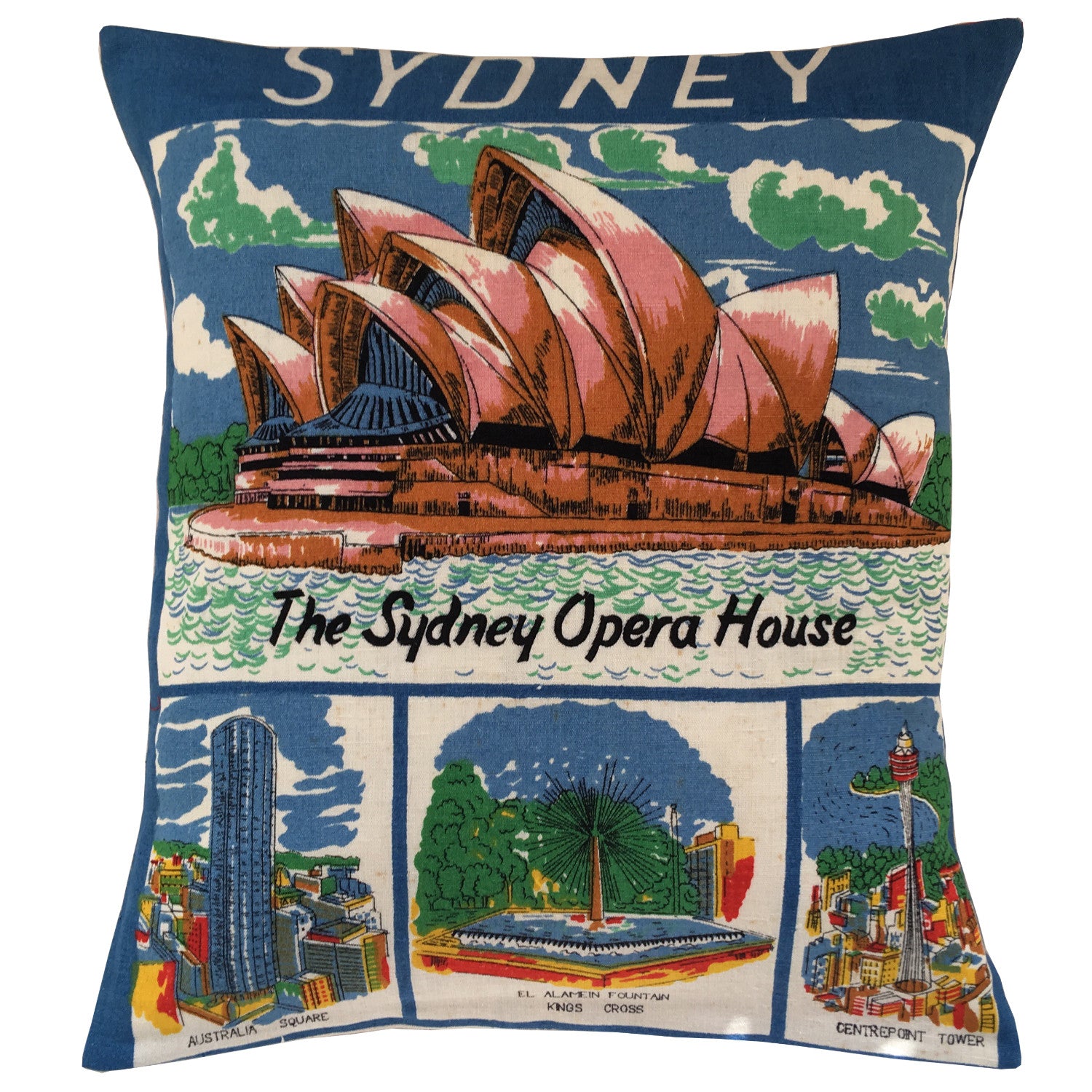 Vintage linen souvenir of Sydney teatowel photographed on white background for Love And West
